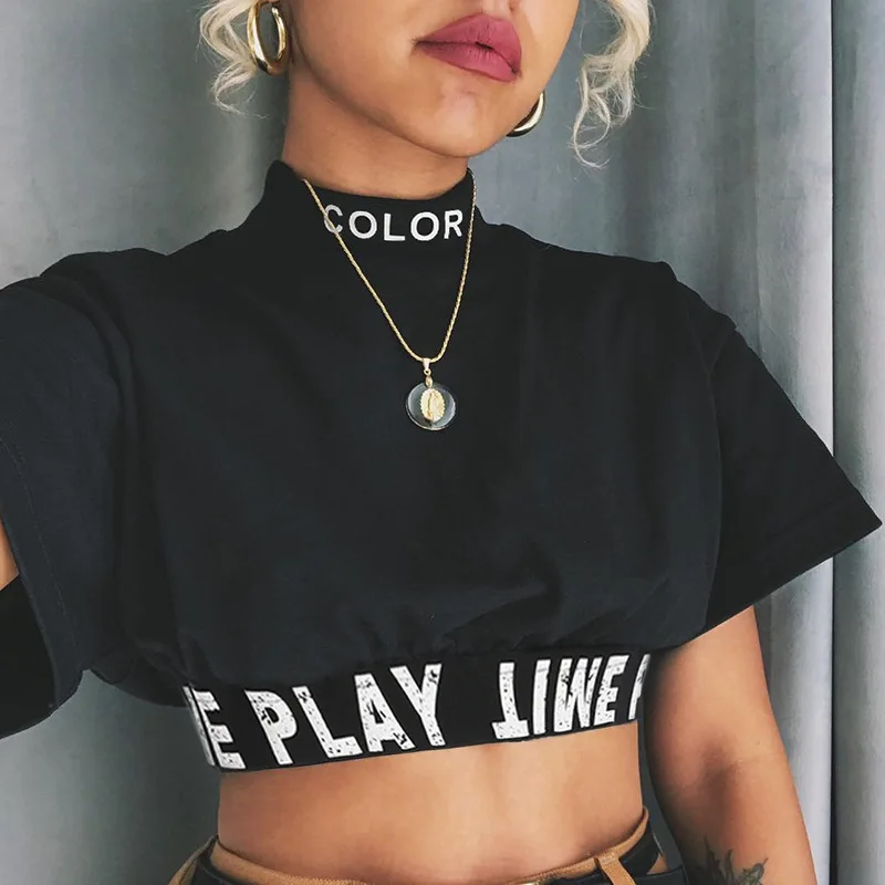 2022 New Women Summer Letter Print Patchwork T-shirt Short Sleeve Navel Bare Crop Tops Sexy Casual Stand Neck Fashion T Shirt
2022 New Women Summer Letter Print Patchwork T-shirt Short Sleeve Navel Bare Crop Tops Sexy Casual Stand Neck Fashion T Shirt