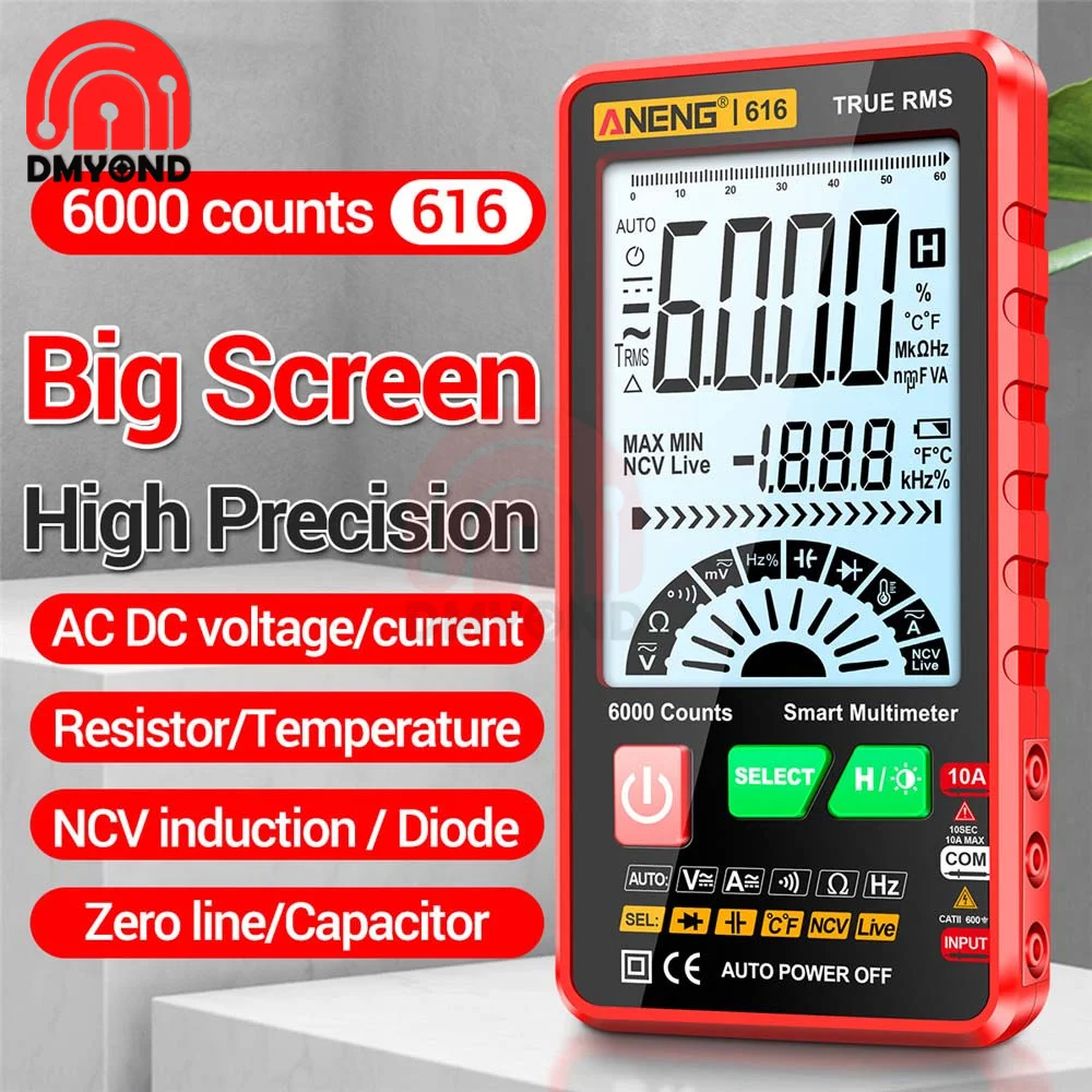 616 Large Screen Backlight Digital Multimeter 6000 Counts Digital Display Intelligent AC DC Voltage Current Multímetro Test Tool
616 Large Screen Backlight Digital Multimeter 6000 Counts Digital Display Intelligent AC DC Voltage Current Multímetro Test Tool
