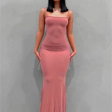 wsevypo Spaghetti Strap Bodycon Long Dress Summer 2022 Women Sleeveless Wrapped Fish Tail Dress Solid Color Club Streetwear