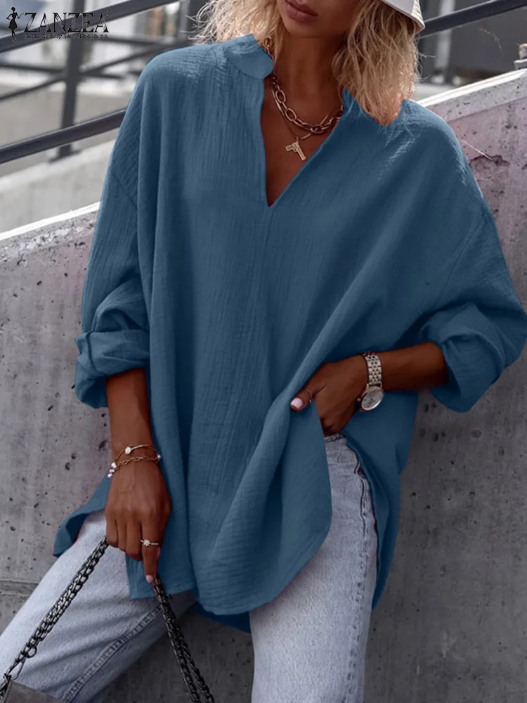 Модные женские Однотонные блузки ZANZEA, повседневные свободные хлопковые льняные Длинные Топы с V-образным вырезом и длинным рукавом, рубашки... 
Модные женские Однотонные блузки ZANZEA, повседневные свободные хлопковые льняные Длинные Топы с V-образным вырезом и длинным рукавом, рубашки...