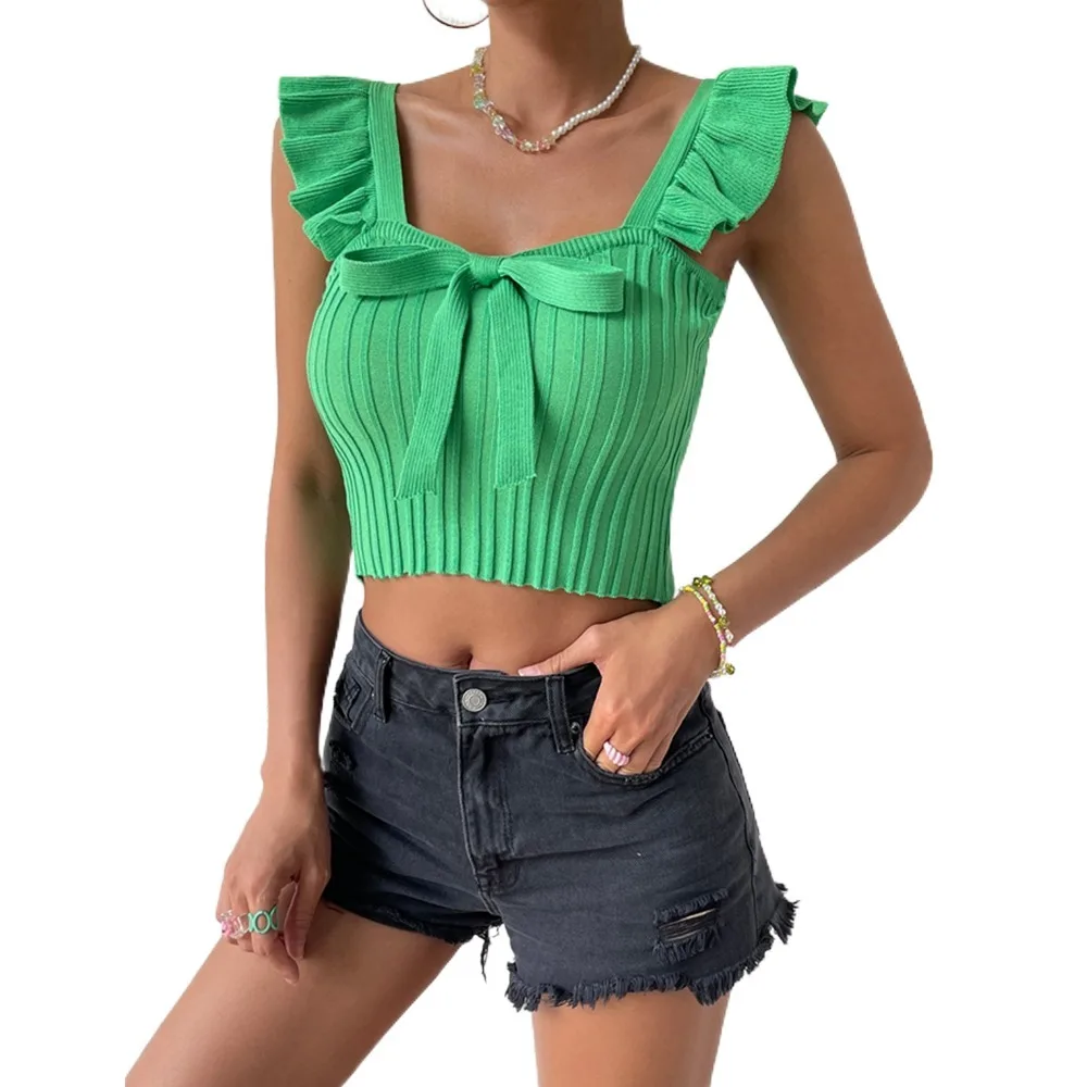 European and American Summer New Women's Clothing with Ruffles Small Flying Sleeves Butterfly Dew Navel T-Shirt Slim Fitting Top
European and American Summer New Women's Clothing with Ruffles Small Flying Sleeves Butterfly Dew Navel T-Shirt Slim Fitting Top
