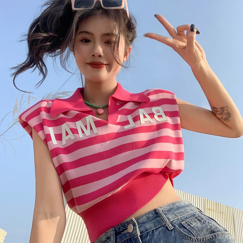 Polo collar sleeveless vest T-shirt women's summer Korean 2022 new sweet and spicy stripe letter versatile short top 
Polo collar sleeveless vest T-shirt women's summer Korean 2022 new sweet and spicy stripe letter versatile short top