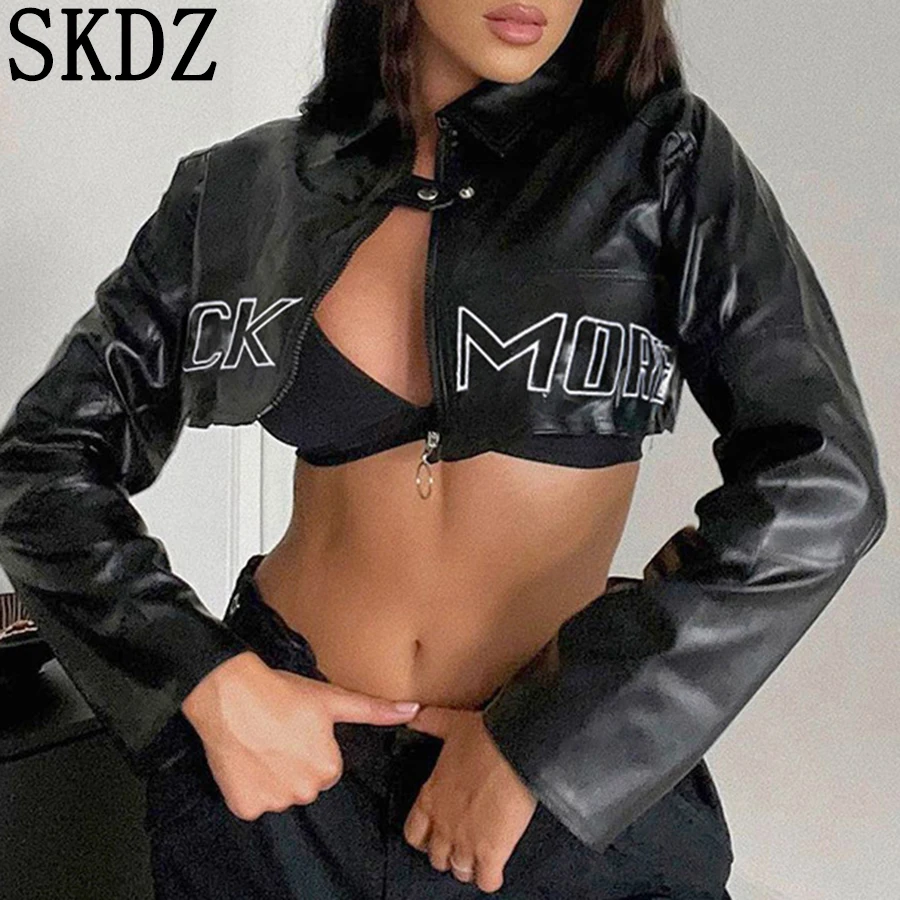 

Street Motorcycle Style Fashion Pu Leather Stitching Zipper Lapel Jacket Spicy Girl Cool Sa Short Exposed Navel Coat New Top