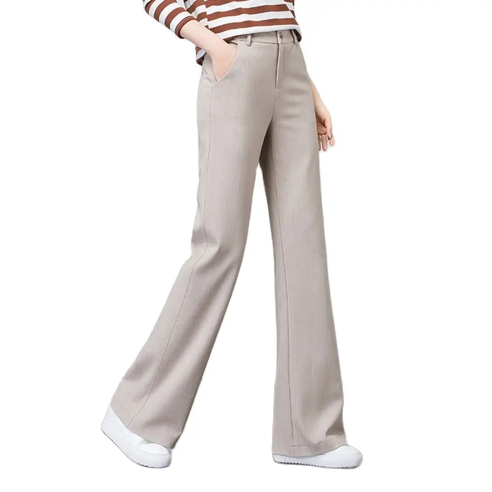 Фото Женские утепленные прямые расклешенные брюки с высокой талией на весну осень и