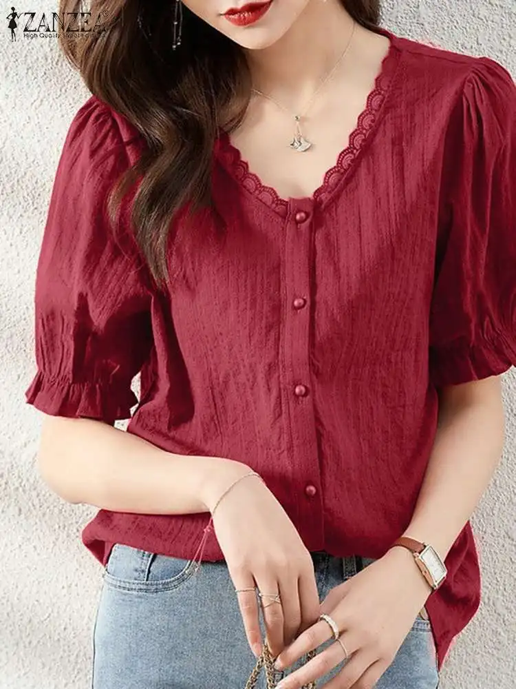 Summer Casual V Neck Short Sleeve Shirt ZANZEA Elegant Women Holiday Blusas Solid Buttons Down Tops Chemise Lace Crochet Blouse
Summer Casual V Neck Short Sleeve Shirt ZANZEA Elegant Women Holiday Blusas Solid Buttons Down Tops Chemise Lace Crochet Blouse