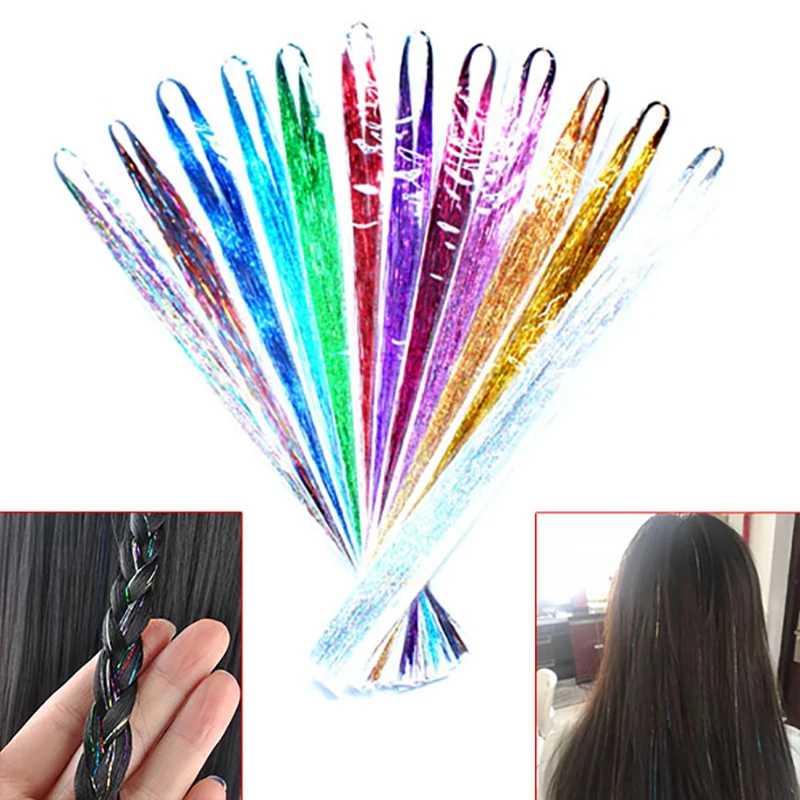 

120pcs/lot Bling Hair Secoration Fashion Hair Tinsel Sparkle Glitter Extensions Highlights False Hair Strands Party Acc