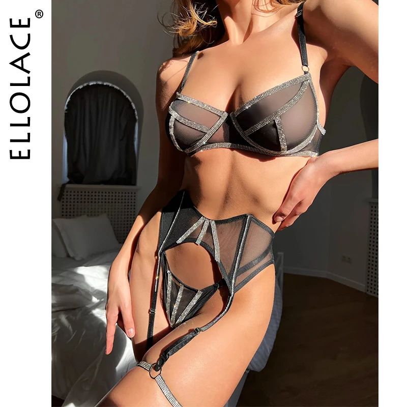 

Ellolace Rhinestone Sensual Lingerie Luxury Underwear Transparent Bra Garter 4-Piece See Through Bra Glitter Delicate Intimate