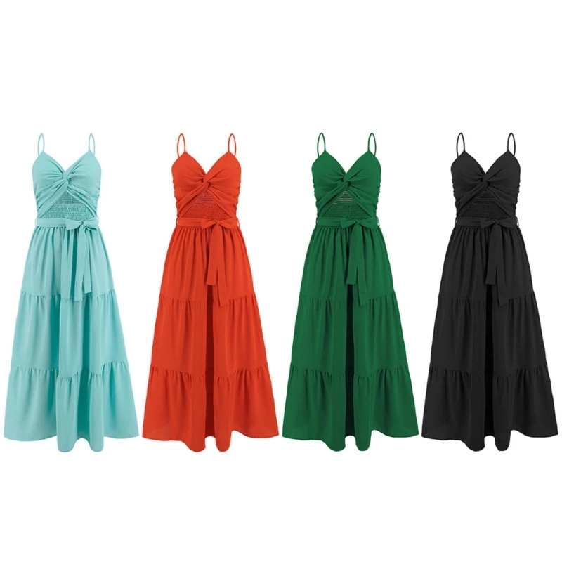 

Women V-Neck Spaghetti Strap Solid Color Long Cami Dress Cutout Twist Front Belted High Waist A-Line Tiered Ruffle Dress 10CD