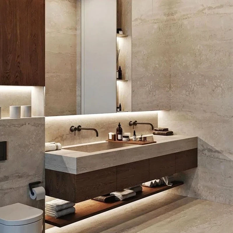

Rock-slab bathroom cabinet combination red oak log color washstand simple bathroom wash hands and face double basin