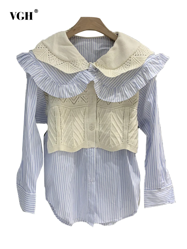 VGH Casual Fake Two Shirt For Women Peter Pan Collar Long Sleeve Single Breasted Patchwork Striped Shirts Female Spring New 2022
VGH Casual Fake Two Shirt For Women Peter Pan Collar Long Sleeve Single Breasted Patchwork Striped Shirts Female Spring New 2022