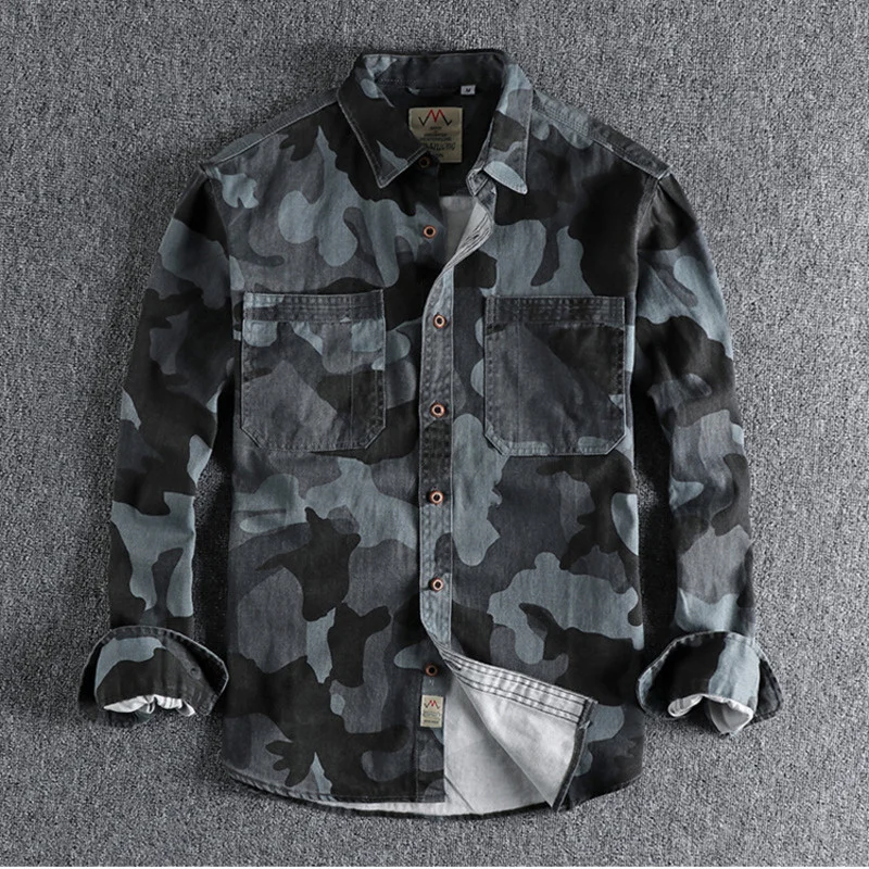 

Shirt Amekaji Washed Male Cargo Jacket Canvas Cotton Camouflage Military Uniform Light Casual Work Safari Style Mens Shirts Top