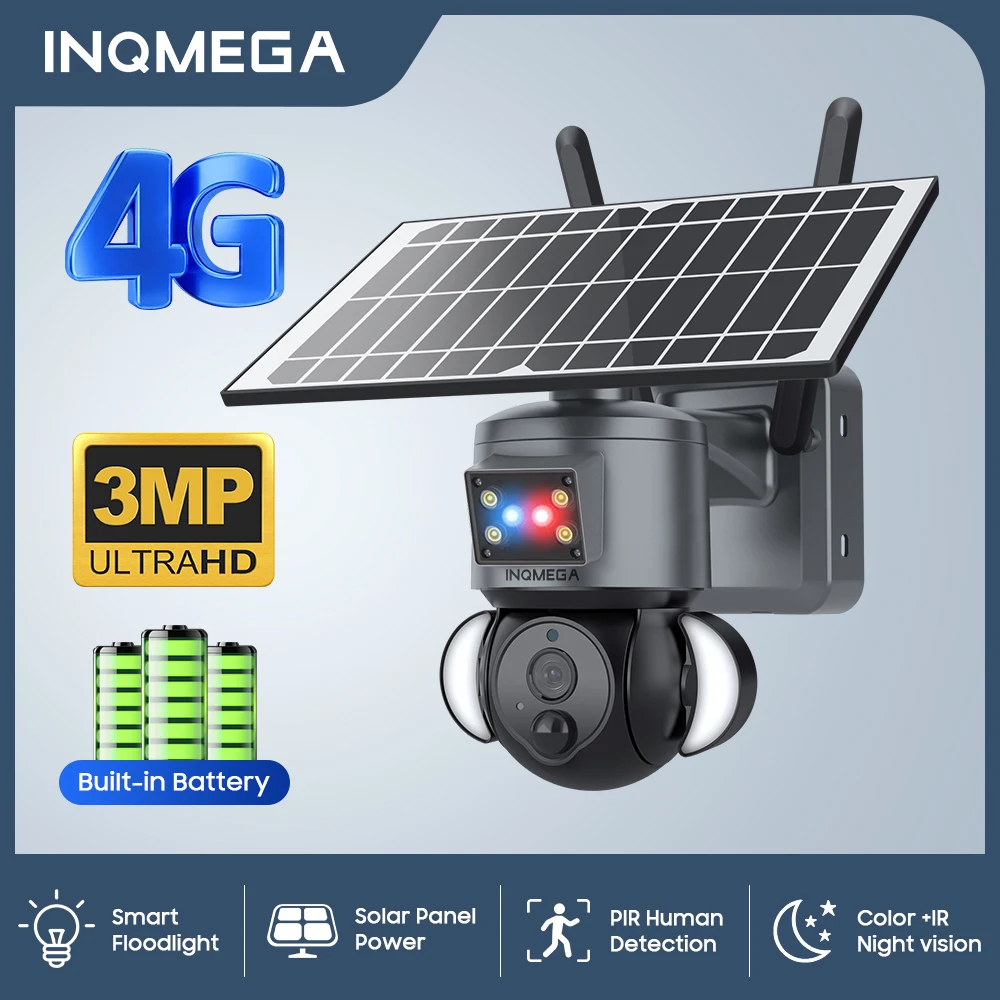 

INQMEGA 3mp 4G outdoor solar camera is equipped with red and blue light safety protection camera and low-power floodlight camera