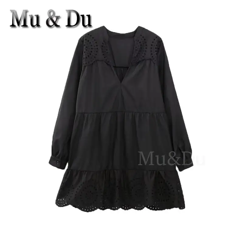 

Женское платье-мини с вышивкой Mu & Du, черное свободное короткое платье с V-образным вырезом, простое летнее платье, 2023