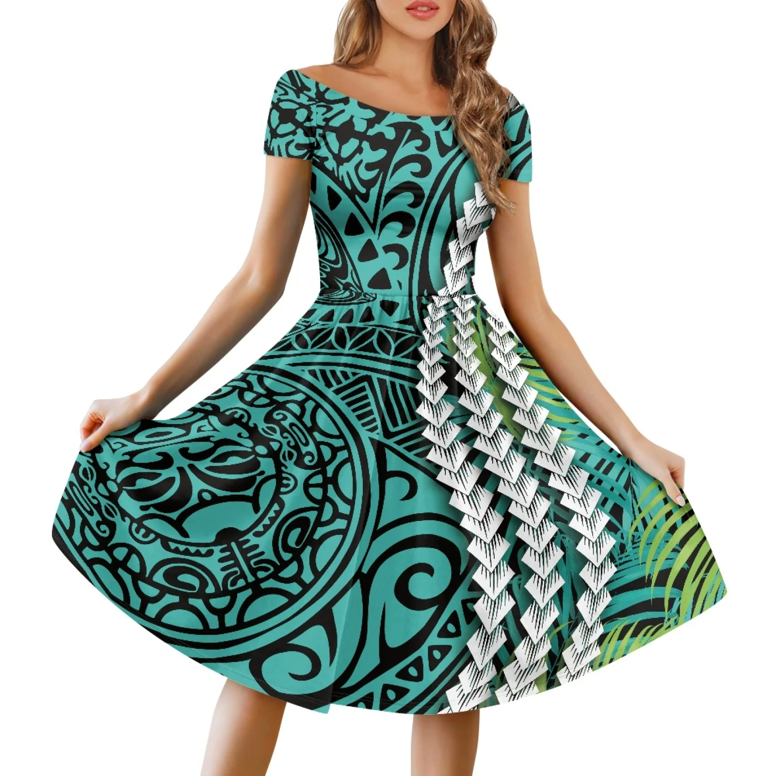 Polynesian Tribal Pohnpei Totem Tattoo Prints Polyester Off-The-Shoulder A Line Dresses Holiday Dresses Black White Stripe Dress 
Polynesian Tribal Pohnpei Totem Tattoo Prints Polyester Off-The-Shoulder A Line Dresses Holiday Dresses Black White Stripe Dress