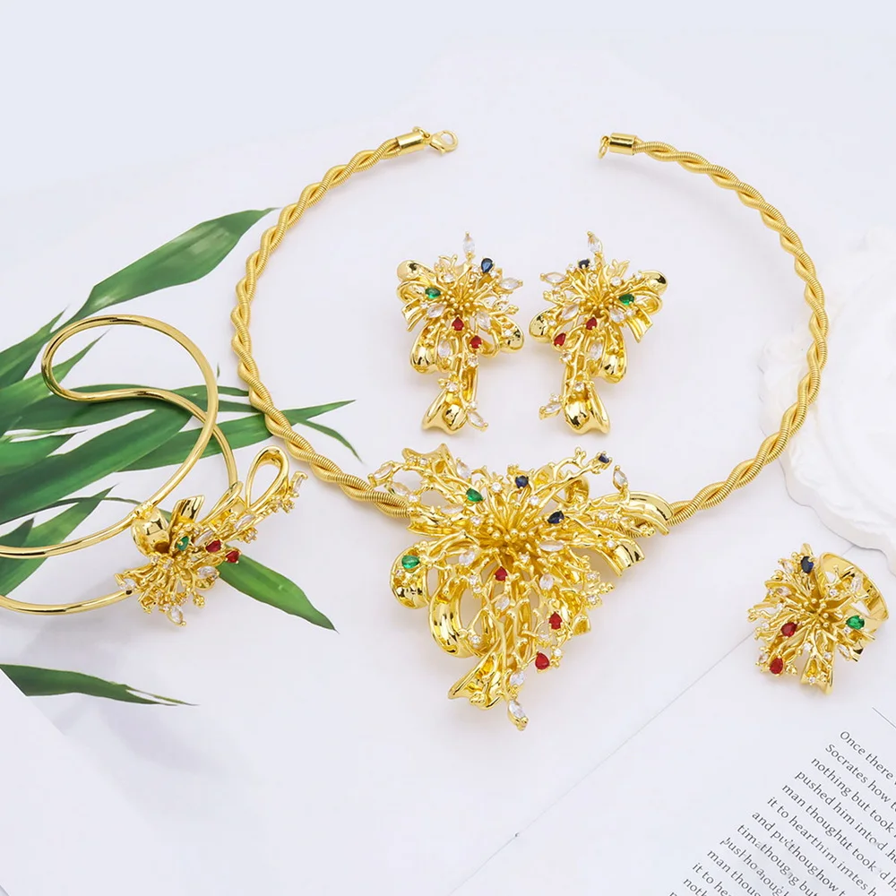 Nigerian Gold Plated Jewelry Sets For Women Necklace Earring Ring And Bangle Luxury Fashion Jewellery Wedding Party Accessories
Nigerian Gold Plated Jewelry Sets For Women Necklace Earring Ring And Bangle Luxury Fashion Jewellery Wedding Party Accessories