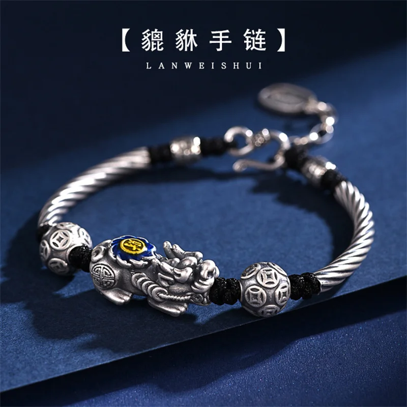 

999 Sterling Silver Handwoven Pixiu Bracelet for Men and Women's Retro Ethnic Style Thai Silver Jewelry Couple Gift Wholesale