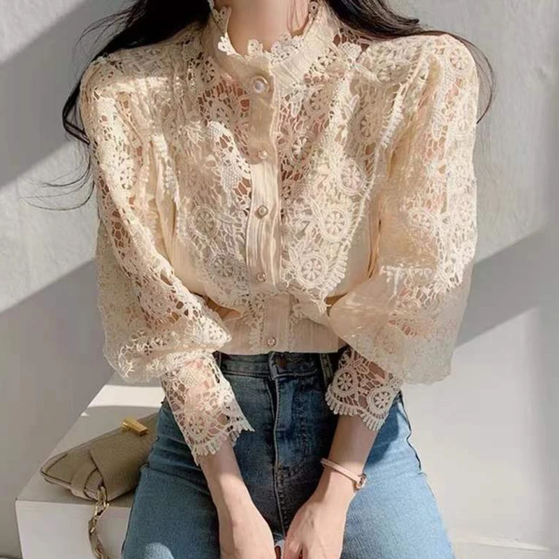 Vintage Puff Sleeve Lace Blouse Women Chic Hollow Out Button White Shirts Tops Patchwork Stand Collar Female Blouses Blusas 410G
Vintage Puff Sleeve Lace Blouse Women Chic Hollow Out Button White Shirts Tops Patchwork Stand Collar Female Blouses Blusas 410G
