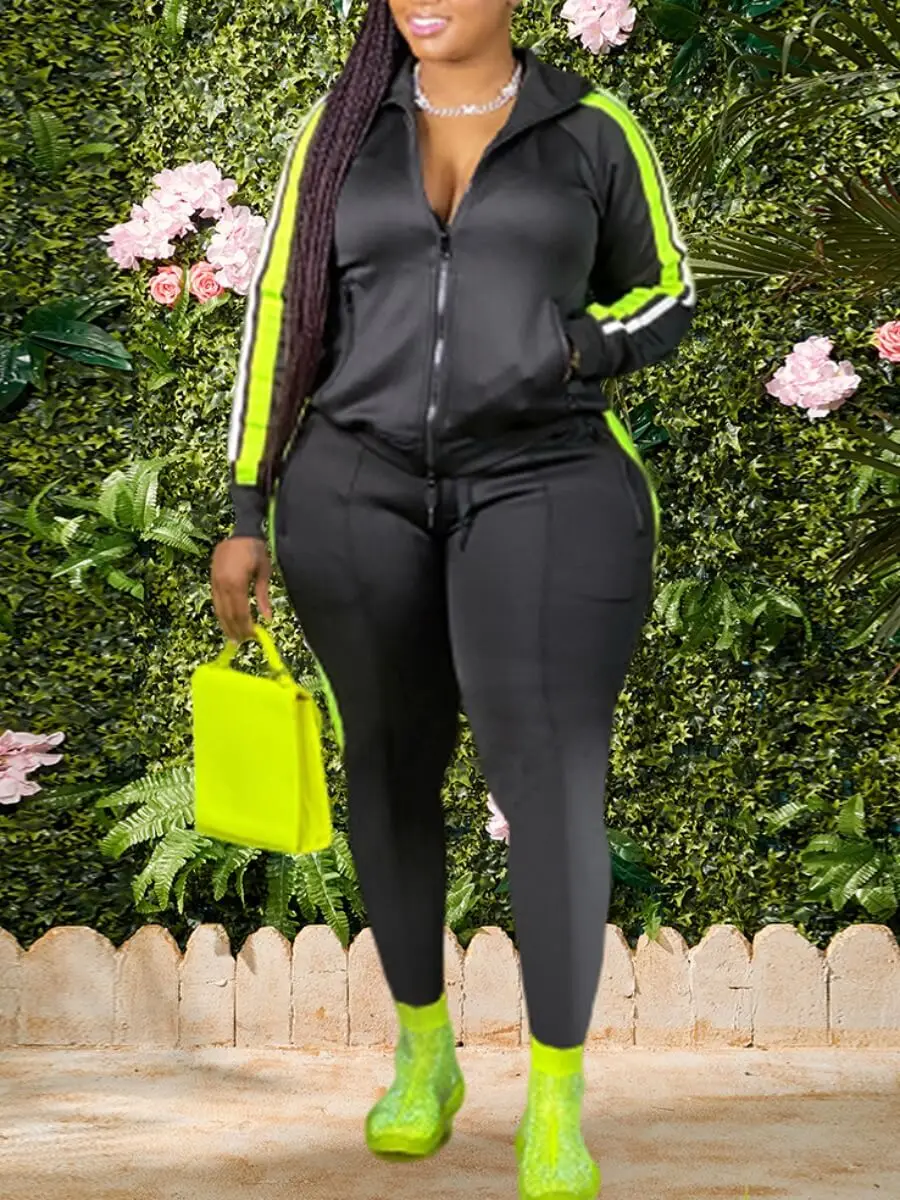 

2023Y3K LW Plus Size Hooded Collar Patchwork Tracksuit Set Women Fall Clothes Sweatsuit Joggers Outfit Zip Top Sweatpants