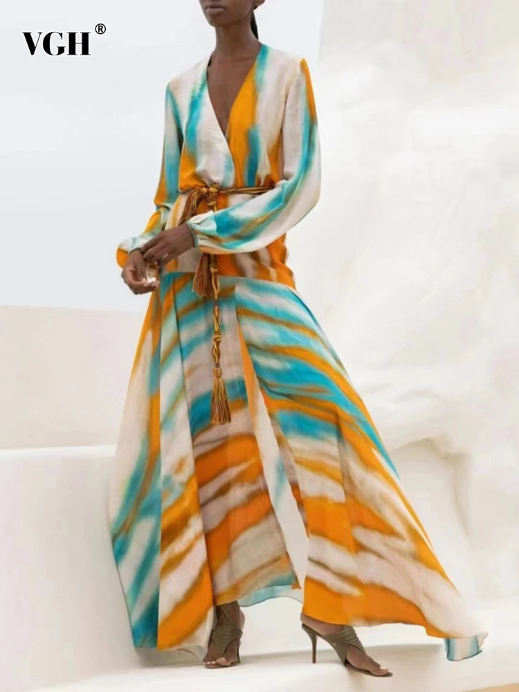 VGH Tie Dye Slim Dress For Women V Neck Long Sleeve Patchwork Belt Casual Fashion Dresses Female Spring 2023 Style Clothes New
VGH Tie Dye Slim Dress For Women V Neck Long Sleeve Patchwork Belt Casual Fashion Dresses Female Spring 2023 Style Clothes New