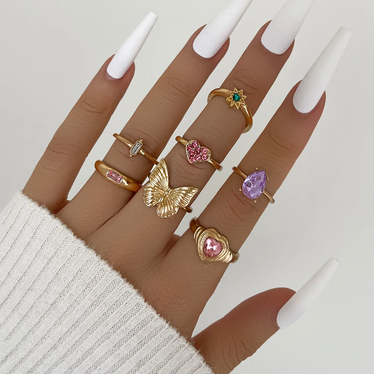 Trend Gold Color Geometric Ring Set Aesthetic Metal Butterfly Pink Love Peach Heart Hexagram Rings for Women Boho Jewelry Gift
Trend Gold Color Geometric Ring Set Aesthetic Metal Butterfly Pink Love Peach Heart Hexagram Rings for Women Boho Jewelry Gift