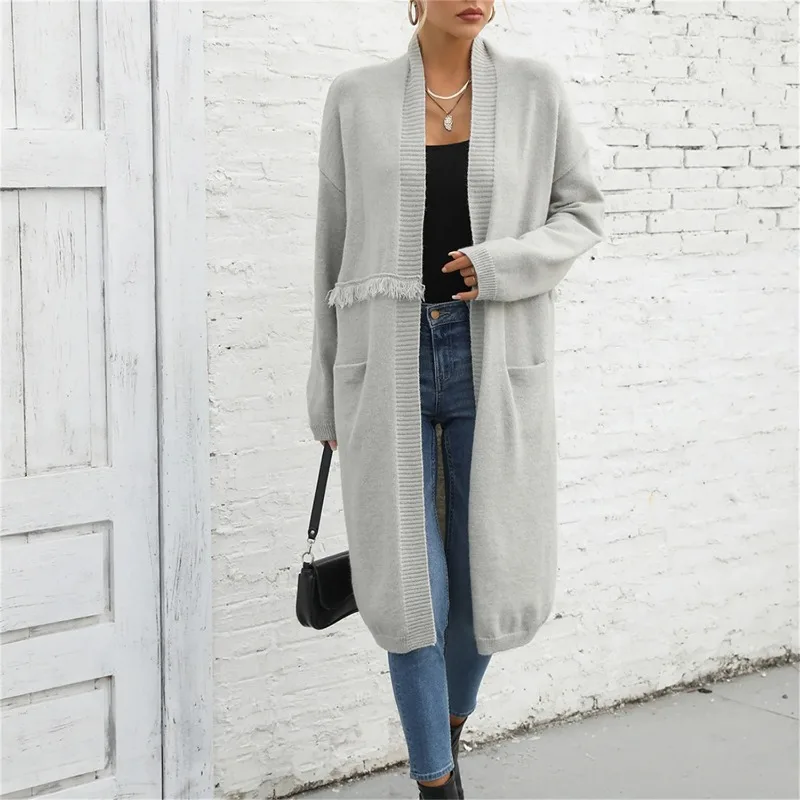 

Oversized Cardigans Winter New Large Size Long Pocket Fringe Coats Sweater Knitted Cardigan Women Tops White Black Sweaters