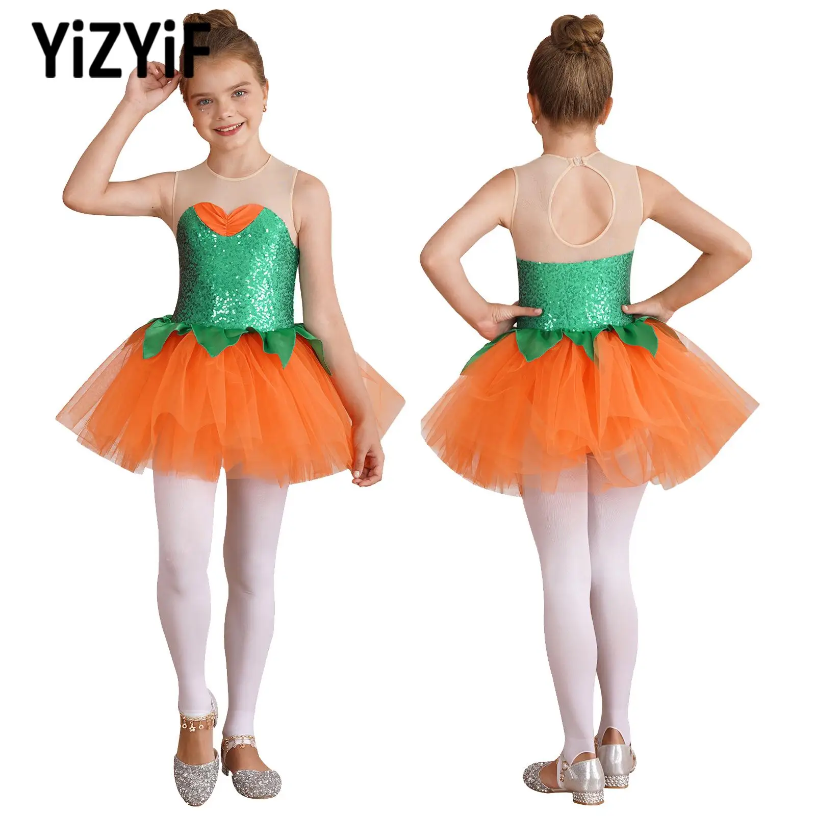 

Kids Girls Halloween Keyhole Back Shiny Sequins Pumpkin Tutu Dres Pumpkin Lantern Styles Cosplay Dance Fancy Dress Party Costume