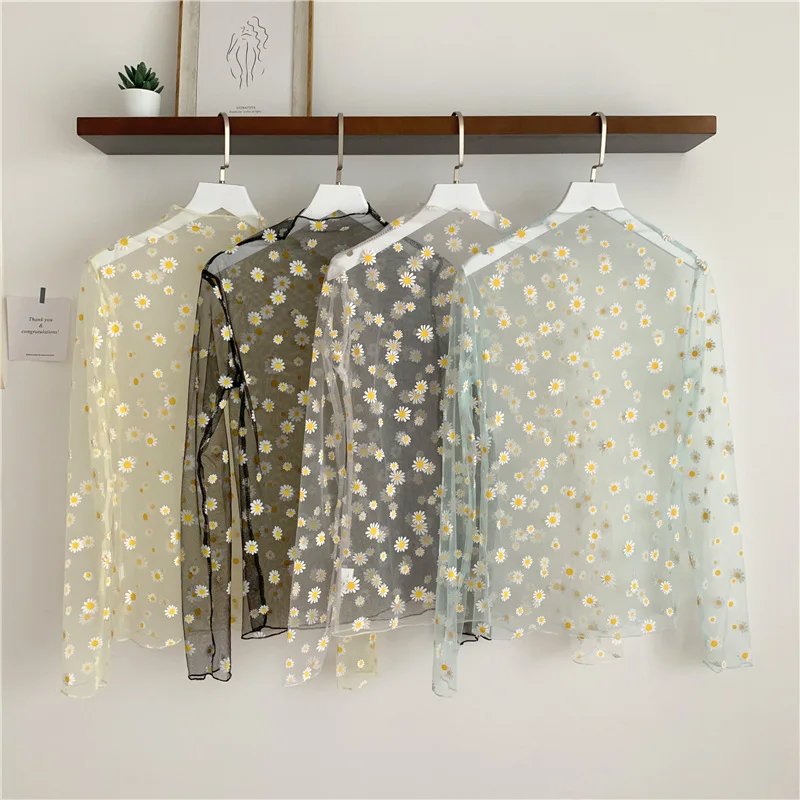 

Women Casual Mesh Pattern Daisy Flower Printed Blouse Tops Girls Mesh Shirt See Through Shirt for Female Blusas De Mujer Blusas