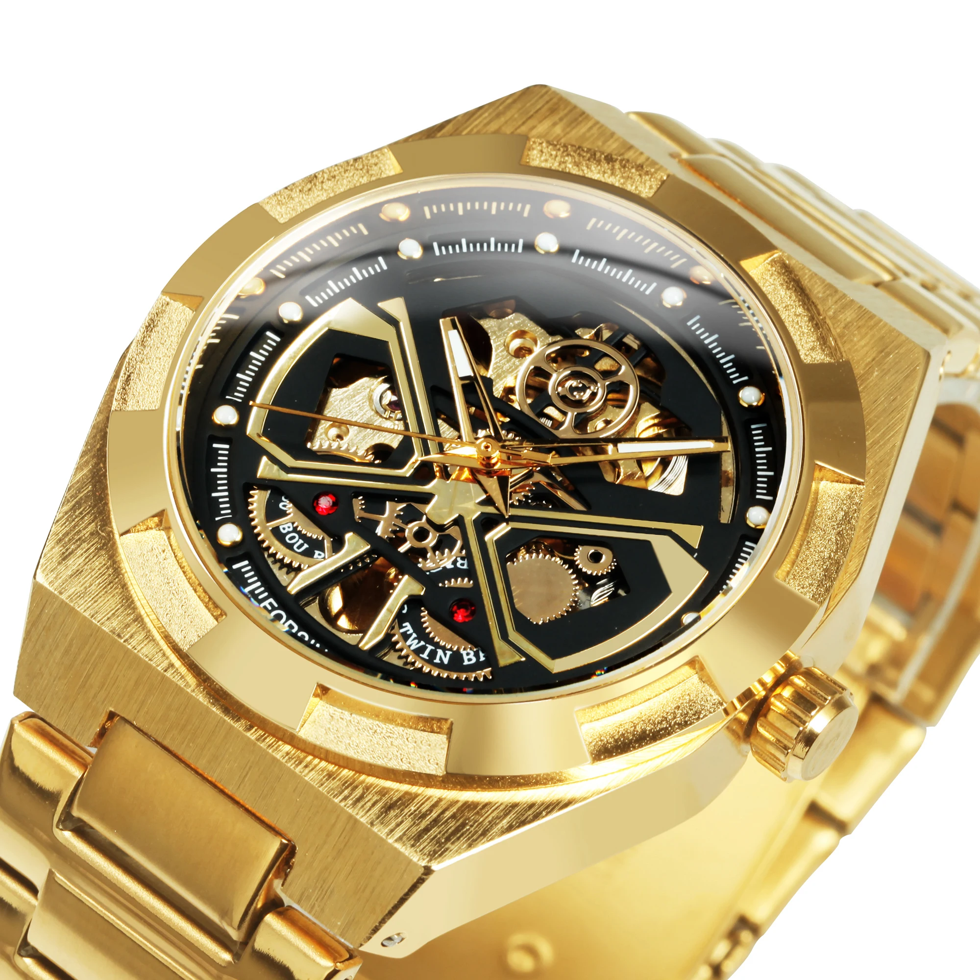 

Forsining Irregular Gold Skeleton Automatic Watch for Men Fashion Luminous Hands Stainless Steel Strap Luxury Mechanical Watches