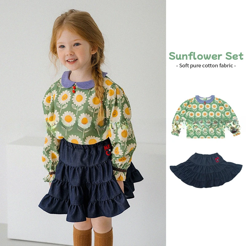 Детский костюм из двух предметов, рубашка и юбка с принтом подсолнухов, корейский стиль, осень 2023
Детский костюм из двух предметов, рубашка и юбка с принтом подсолнухов, корейский стиль, осень 2023