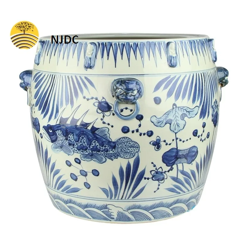 Antique Blue and White Porcelain Fish Lines and Patterns Ceramic Pot Garden Planter with Lion Ring
Antique Blue and White Porcelain Fish Lines and Patterns Ceramic Pot Garden Planter with Lion Ring