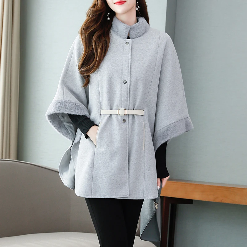 Осенне-зимняя женская накидка-пончо, повседневная куртка с рукавами «летучая мышь», шерстяная теплая шаль, свободная уличная одежда, пальто с поясом