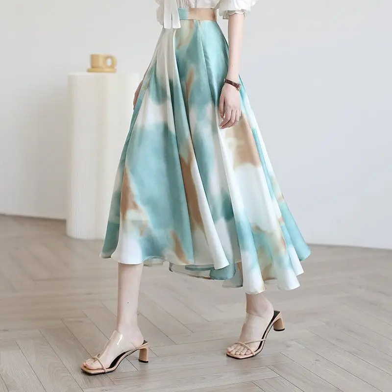 

Vintage A-line Pleated Long Skirt Oil Panting Print Summer Women 2023 Korean Skirt Streetwear Drawstring Elastic Waist Skirt B96