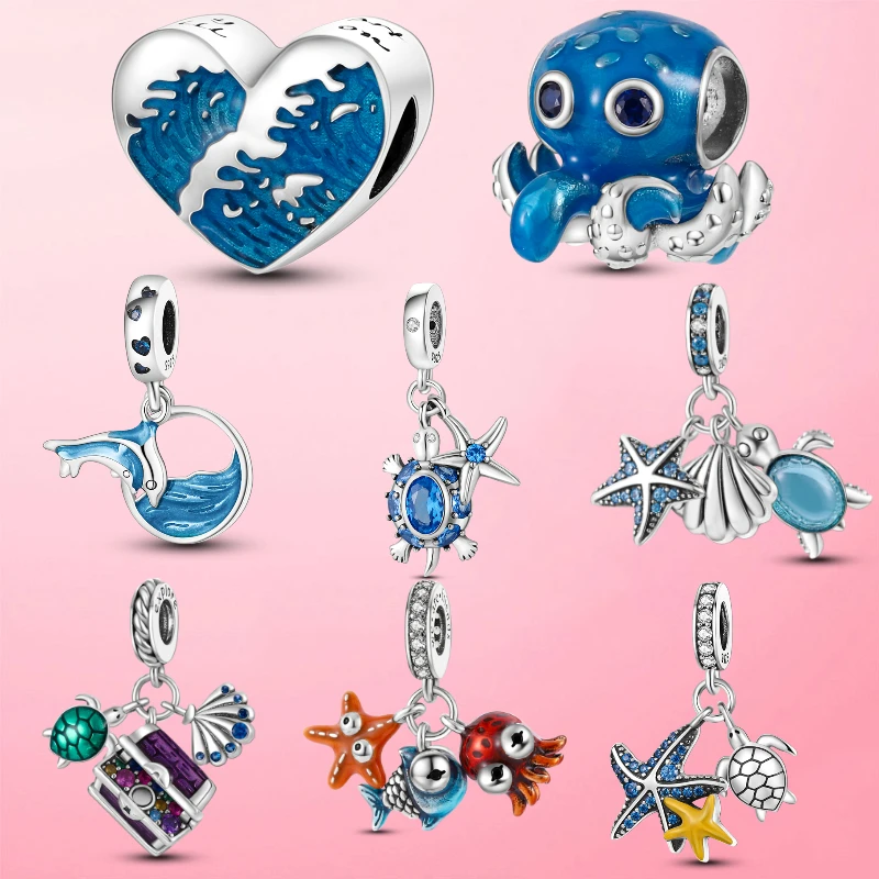 

Summer Ocean Treasure Starfish Turtle Dolphin Octopus Charm fit Pandora Bracelet Pendant Original 925 Silver DIY Jewelry Making