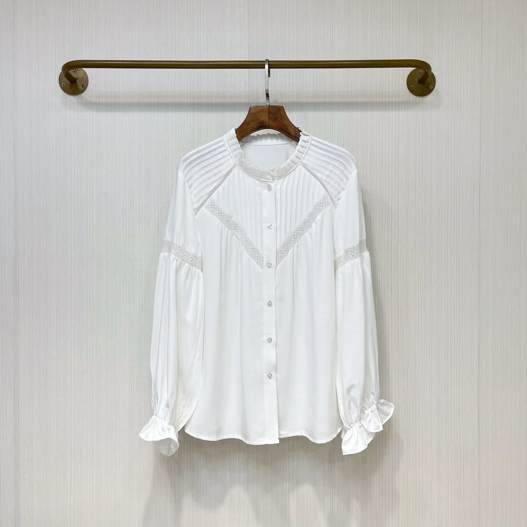 Кружевная простроченная белая рубашка с круглым вырезом, дизайнерские плиссированные оборки, Повседневная мода, лето 2023, новый стиль 0317
Кружевная простроченная белая рубашка с круглым вырезом, дизайнерские плиссированные оборки, Повседневная мода, лето 2023, новый стиль 0317