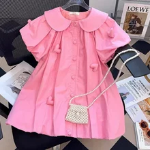 Retail 2023 Summer Baby Girls Teenage Love Pattern Pink Dress , Girls Princess Sweet Clothes 3-9 T