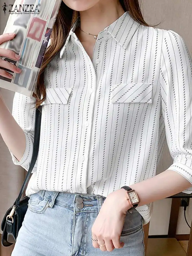 Fashion Lapel Neck 3/4 Sleeve Striped Blouse ZANZEA Summer Elegant Shirt Women OL Work Blusas Female Casual Tops Tunic Chemise
Fashion Lapel Neck 3/4 Sleeve Striped Blouse ZANZEA Summer Elegant Shirt Women OL Work Blusas Female Casual Tops Tunic Chemise
