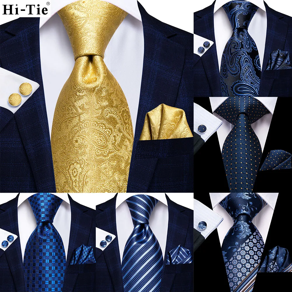 

Gold Yellow Paisley 63inch Silk Men Extra Long Ties for Men Woven Classic 160cm Mens Necktie Pocket Square Set Cufflinks Hi-Tie