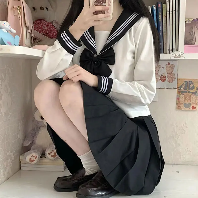 

Japanese School Girl Uniform JK Black Sailor Basic Orthodox Sailor Uniform Sets Student Classic Clothes Schoolgirl Pleated Skirt