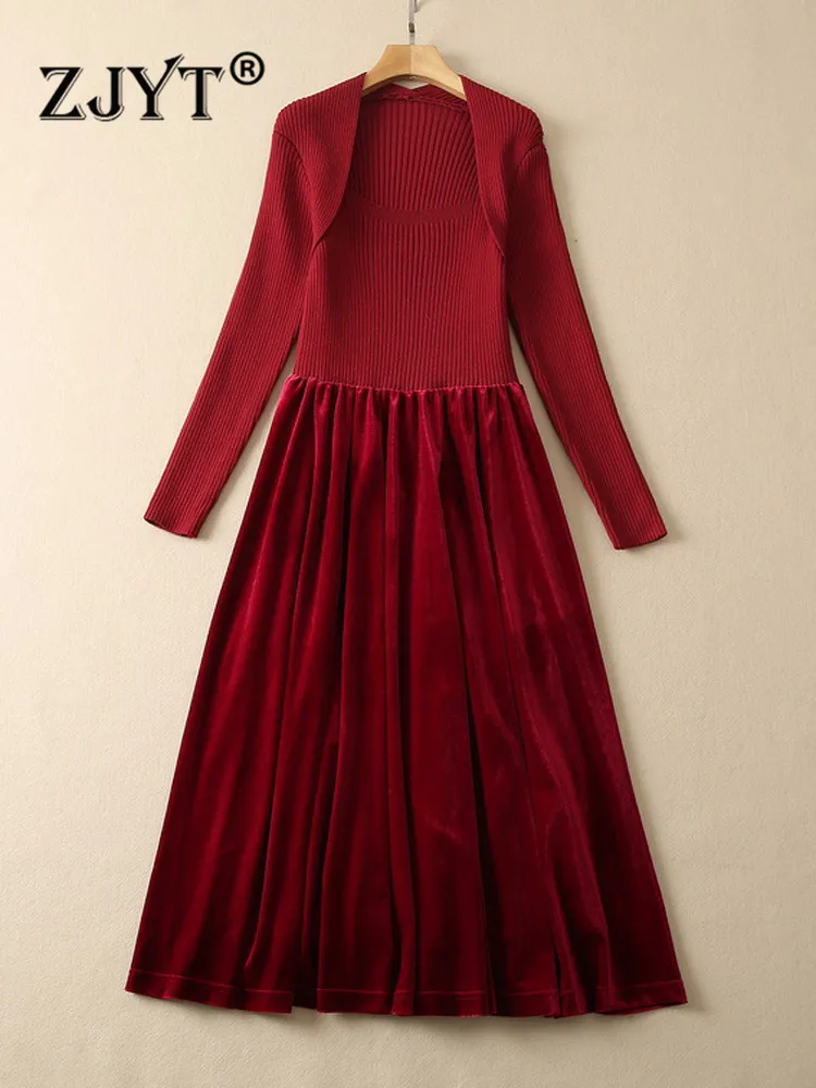 ZJYT Elegant Autumn Winter Knitted Patchwork Midi Velvet Dress for Women Long Sleeve Square Collar Cocktail Party Vestidos Red
ZJYT Elegant Autumn Winter Knitted Patchwork Midi Velvet Dress for Women Long Sleeve Square Collar Cocktail Party Vestidos Red