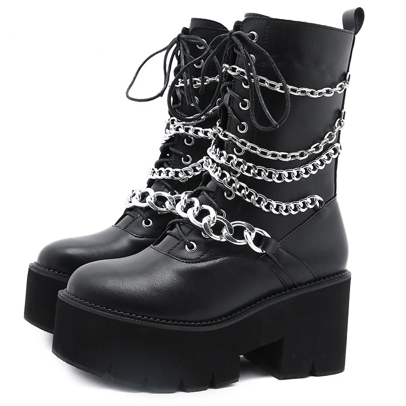 New Brand Metal Chains Women Motorcycle Boots Chunky Heel Platform Ankle Boots Autumn Punk Gothic Black Waterproof Footwear
New Brand Metal Chains Women Motorcycle Boots Chunky Heel Platform Ankle Boots Autumn Punk Gothic Black Waterproof Footwear