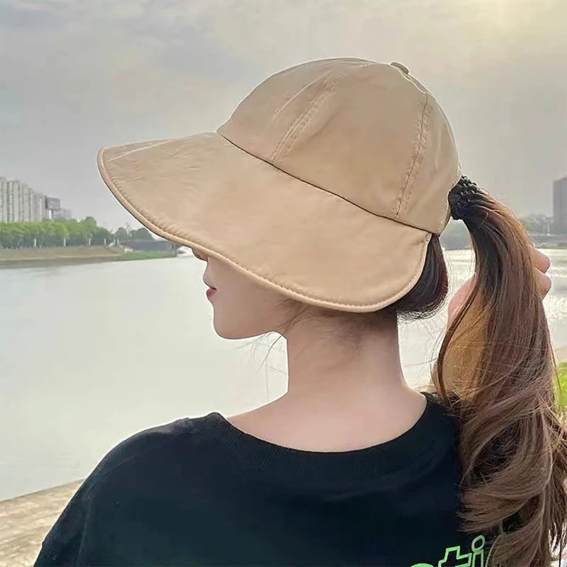 

Summer Wide Brim Fisherman Hat Women Foldable Sunshade Visors Fisherman Cap Female Adjustable Outdoor Sports Bucket Panama Cap