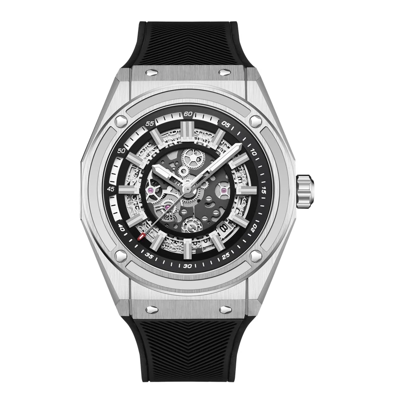 

HANBORO Men Luxury Watch 42mm Automatic Watches Mechanical Wristwatch 50m Waterproof Luminous Skeleton Rubber Strap Miyota 8215