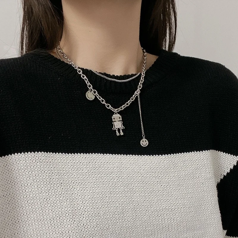 

robot Necklace woman layered Bridal necklaces Chain women Figure pendant Girl Jewelry silver color kpop stainless steel collares