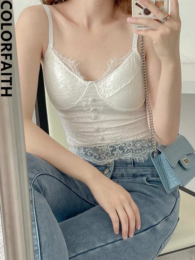 

Colorfaith New 2022 Tank & Camis Basic Bottoming Bra Padding Elasticity Sexy Vests Women Autumn Winter Lace Crop Tops V3509JM