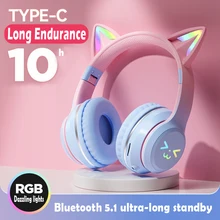 Cats Ears Headset RGB Light Smile Face TWS Headset Gradient New Headphone Pink Little Girl Earphone Gift Suitable for Any Phone