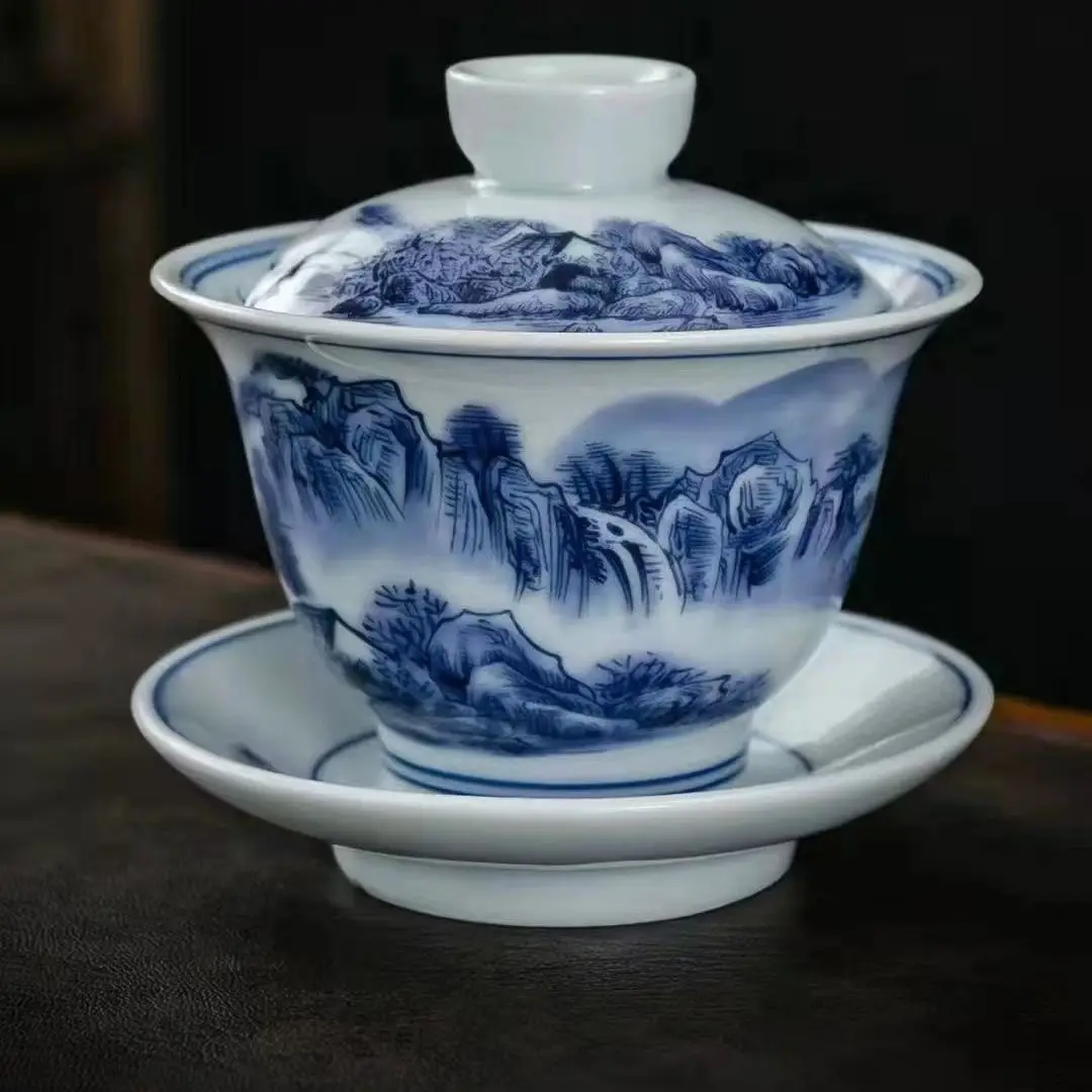 

Jingdezhen Blue and White Porcelain Tea Tureen Ceramic Tea Bowl Large Chinese Kung Fu Tea Maker Landscape Painting Gaiwan 180ml