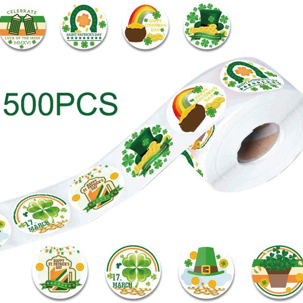 

500PCS/ Lot Irish Festival Stickers Green Shamrock Flag Beer Hat Sticker St. Patrick's Day Clover Sealing Label Crafts DIY Toys