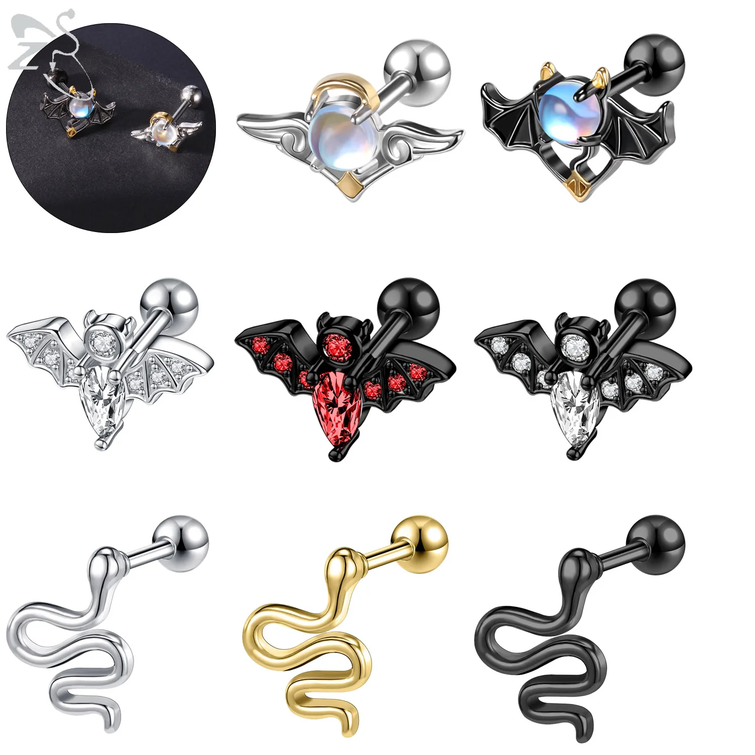 

ZS 1PC Devil Angel Stainless Steel Stud Earring For Women Men Punk Snake Bat Ear Conch Tragus Cartilag Helix Piercings 18G /20G