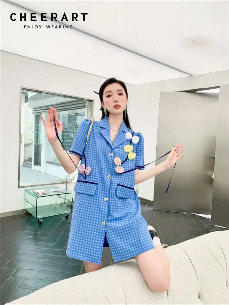 CHEERART Blue Plaid Summer Blazer Dress For Women 2022 Puff Sleeve Button Up Bow Short Sleeve Cute Mini Dress Korean Fashion
CHEERART Blue Plaid Summer Blazer Dress For Women 2022 Puff Sleeve Button Up Bow Short Sleeve Cute Mini Dress Korean Fashion