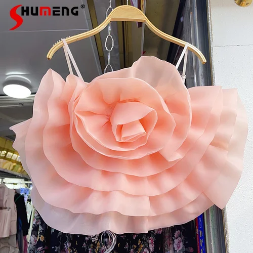 

2023 Summer New Off-Shoulder Organza Three-Dimensional Flower Splicing Sling Chiffon Shirt Women Y2K Top Vacation Camisole Tops